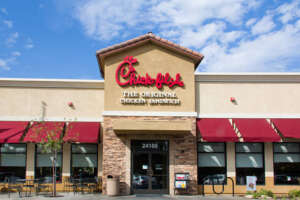 Valencia, United States – September 8, 2014: Chick-fil-A restaurant exterior. Chick-fil-A is fast food restaurant chain specializing in chicken sandwiches.