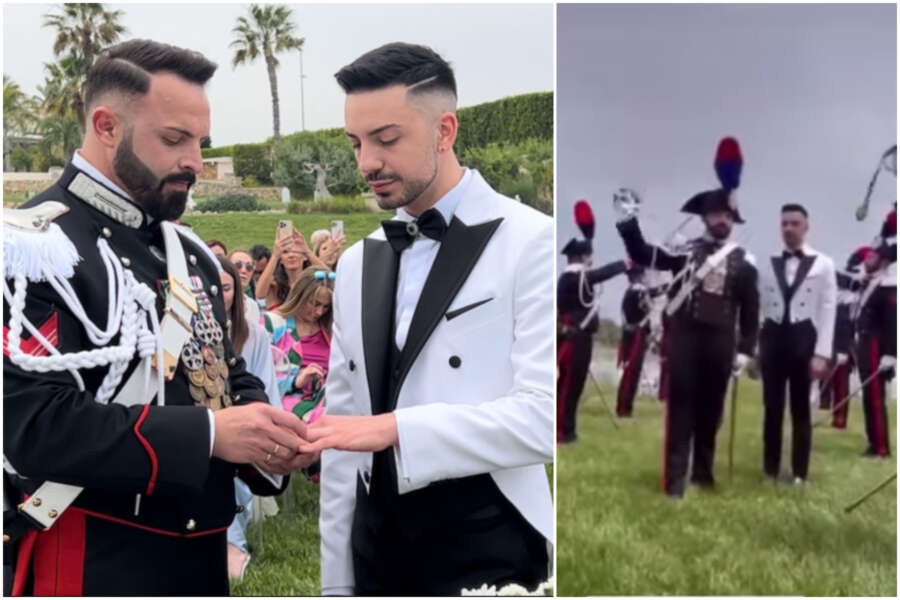 Carabiniere sposa il compagno, cerimonia in alta uniforme e picchetto d’onore per Angelo e Giuseppe
