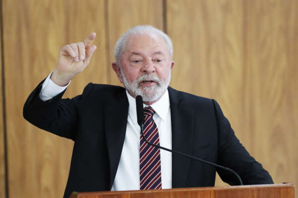Brazilian President Luiz Inacio Lula da Silva speaks during a joint press conference after an official bilateral meeting with Venezuela’s President Nicolas Maduro, at Planalto palace in Brasilia, Brazil, Monday, May 29, 2023. Maduro is in Brazil for the summit by the Union of South American Nations (UNASUR) that starts on Tuesday. (AP Photo/Gustavo Moreno)