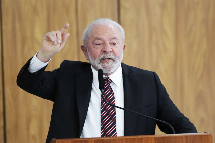 Brazilian President Luiz Inacio Lula da Silva speaks during a joint press conference after an official bilateral meeting with Venezuela’s President Nicolas Maduro, at Planalto palace in Brasilia, Brazil, Monday, May 29, 2023. Maduro is in Brazil for the summit by the Union of South American Nations (UNASUR) that starts on Tuesday. (AP Photo/Gustavo Moreno)