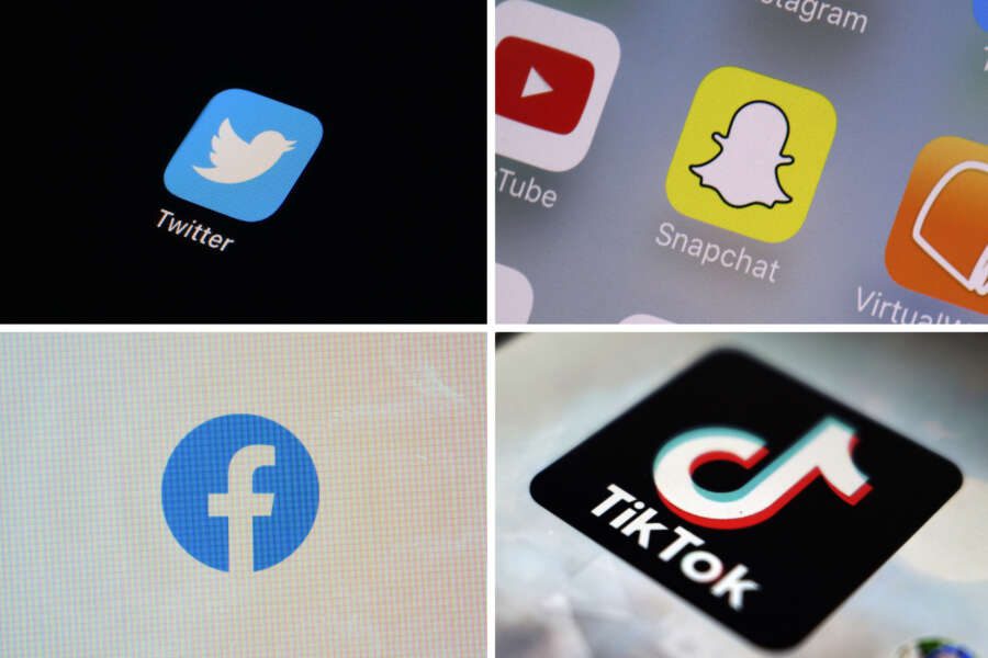 FILE – This combination of photos shows logos of Twitter, top left; Snapchat, top right; Facebook, bottom left; and TikTok. A bipartisan group of senators on Wednesday, April 26, 2023, introduced legislation aiming to prohibit all children under the age of 13 from using social media and would require permission from a guardian for users under 18 to create an account. It is one of several proposals in Congress seeking to make the internet safer for children and teens. (AP Photo, File)