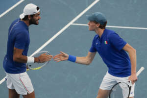 Italy’s Jannik Sinner reacts with teammate Matteo Berrettini, left, during their doubles match against Russia’s Danill Medvedev and Roman Safiullin at the ATP Cup tennis tournament in Sydney, Australia, Thursday, Jan. 6, 2022. (AP Photo/Mark Baker) Italy’s Jannik Sinner reacts with teammate Matteo Berrettini, left, during their doubles match against Russia’s Danill Medvedev and Roman Safiullin at the ATP Cup tennis tournament in Sydney, Australia, Thursday, Jan. 6, 2022. (AP Photo/Mark Baker)