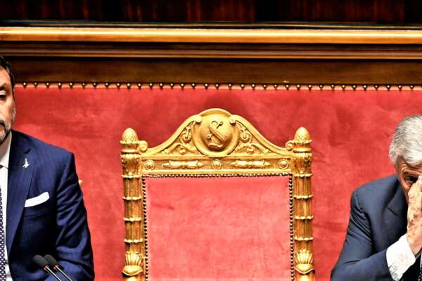 Minister of Transports and Vice-Premier, Matteo Salvini (L), with Minister of Foreign Affairs and Vice-Premier, Antonio Tajani (R), as Minister SantancheÕ reports at the Senate on events related to a television news report and subsequent press articles, Rome, Italy, 5 July 2023. ANSA/RICCARDO ANTIMIANI Minister of Transports and Vice-Premier, Matteo Salvini (L), with Minister of Foreign Affairs and Vice-Premier, Antonio Tajani (R), as Minister SantancheÕ reports at the Senate on events related to a television news report and subsequent press articles, Rome, Italy, 5 July 2023. ANSA/RICCARDO ANTIMIANI