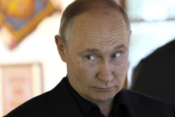 Russian President Vladimir Putin visits the Naryn-Kala fortress in Derbent on Wednesday, June 28, 2023, during his working visit to Dagestan Republic, Russia . (Sergei Savostyanov, Sputnik, Kremlin Pool Photo via AP)