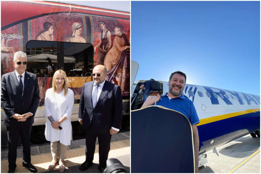 Meloni tra le polemiche dei giornalisti rinchiusi in treno e il fuoco amico di Salvini sui voli di Stato
