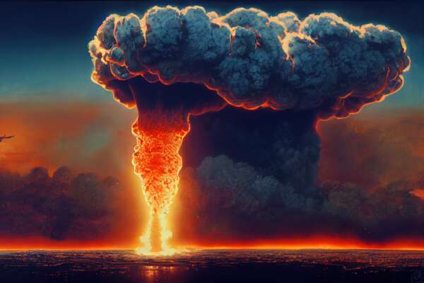 A modern nuclear bomb explosion over a small city.Generative AI.