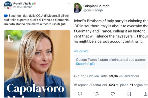 “Il Pil del Mezzogiorno superiore a Francia e Germania”, ma il ‘Capolavoro Meloni’ è una fake news “Il Pil del Mezzogiorno superiore a Francia e Germania”, ma il ‘Capolavoro Meloni’ è una fake news