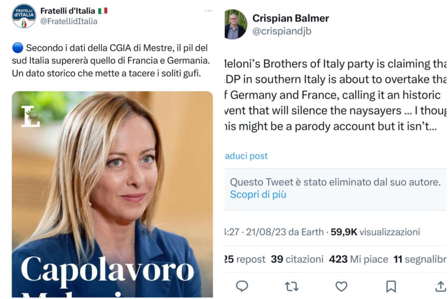 “Il Pil del Mezzogiorno superiore a Francia e Germania”, ma il ‘Capolavoro Meloni’ è una fake news