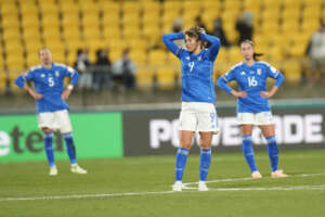 Italian players reacts as they waiting referee Maria Carvajal checks the VAR from Italy’s Arianna Caruso goal during the Women’s World Cup Group G soccer match between South Africa and Italy in Wellington, New Zealand, Wednesday, Aug. 2, 2023. (AP Photo/Alessandra Tarantino)



Associated Press/LaPresse
Only Italy and Spain