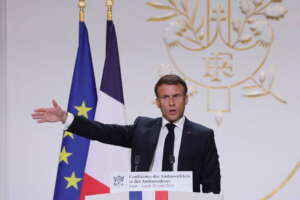 French President Emmanuel Macron gives a speech in front of French ambassadors during the conference of ambassadors at the Elysee Palace, Paris, France, August 28, 2023.   TERESA SUAREZ/Pool via REUTERS