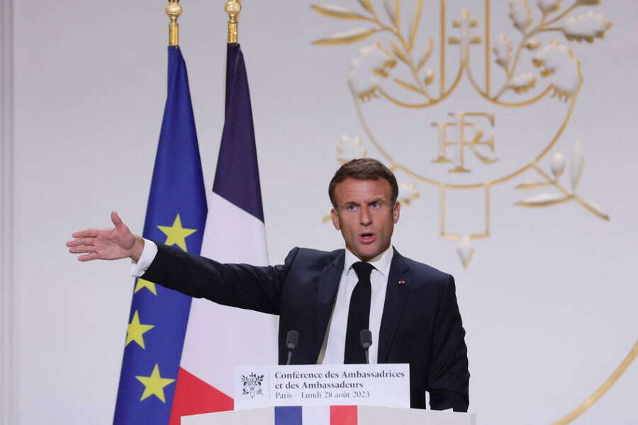 French President Emmanuel Macron gives a speech in front of French ambassadors during the conference of ambassadors at the Elysee Palace, Paris, France, August 28, 2023.   TERESA SUAREZ/Pool via REUTERS
