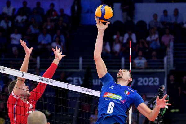 Foto Alfredo Falcone/LaPresse 14 Settembre 2023 – Roma, Italia – sport, Pallavolo – Palalottomatica 
Semifinale Campionato Europeo Pallavolo Italia vs Francia
Nella foto:Simone Giannelli

Foto Alfredo Falcone/LaPresse September 14, 2023 Rome, Italy – Palalottomatica 
Semifinal European Volleyball Championship Italy vs France
 In the pic:Simone Giannelli