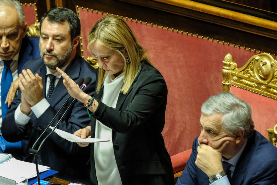 Foto Mauro Scrobogna/LaPresse 
26-10-2022 Roma (Italia) Politica – Senato, Voto di Fiducia al Governo Meloni –  Nella foto:  Matteo Salvini, il Presidente del Consiglio Giorgia Meloni, Antonio Tajani  durante i lavori in Senato sulla richiesta di fiducia del suo Governo

10-26-2022 Rome (Italy) Politics – Senate, Vote of Confidence in the Meloni Government – In the photo: Matteo Salvini, Prime Minister Giorgia Meloni, Antonio Tajani during the work in the Senate on the request for confidence of her Government