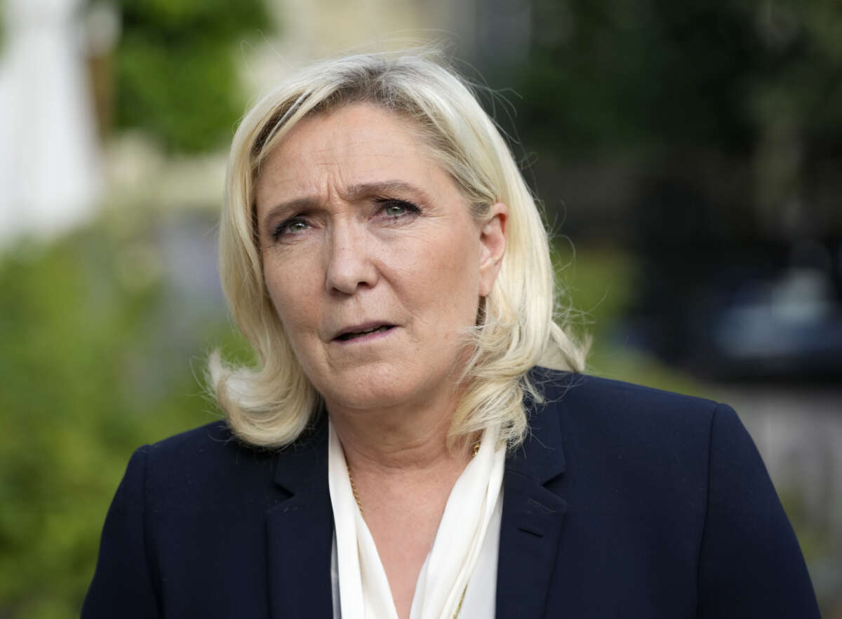 French far-right Rassemblement National (RN) leader and Member of Parliament Marine Le Pen leaves after a meeting with France’s President Emmanuel Macron at the Elysee Palace, in Paris, France, Tuesday, June 21, 2022. French President Emmanuel Macron was holding talks Tuesday with France’s main party leaders after his centrist alliance failed to win an absolute majority in parliamentary elections. (AP Photo/Francois Mori)