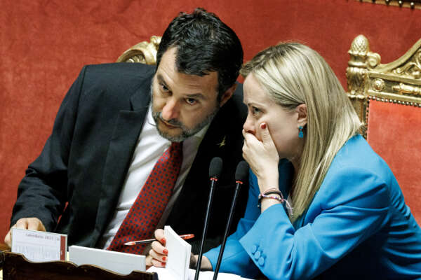 Foto Roberto Monaldo / LaPresse
28-06-2023 Roma
Politica
Senato- Comunicazioni del Presidente del Consiglio Giorgia Meloni sul prossimo Consiglio europeo
Nella foto Matteo Salvini, Giorgia Meloni

28-06-2023 Rome (Italy)
Politics
Senate – Communications from Prime Minister Giorgia Meloni on the next European Council
In the pic Matteo Salvini, Giorgia Meloni