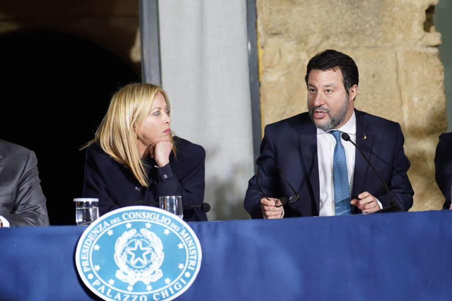 Foto Antonino Durso/LaPresse – Cronaca 09 Marzo 2023 – Cutro – Crotone – Calabria –  Migranti, Consiglio dei ministri a CutroNella foto: la conferenza stampa – Giorgia Meloni, Matteo SalviniPhoto Antonino Durso/LaPresse – news  09 March 2023 – Cutro – Crotone – Calabria –  In the pic: press conference – Giorgia Meloni, Matteo Salvini