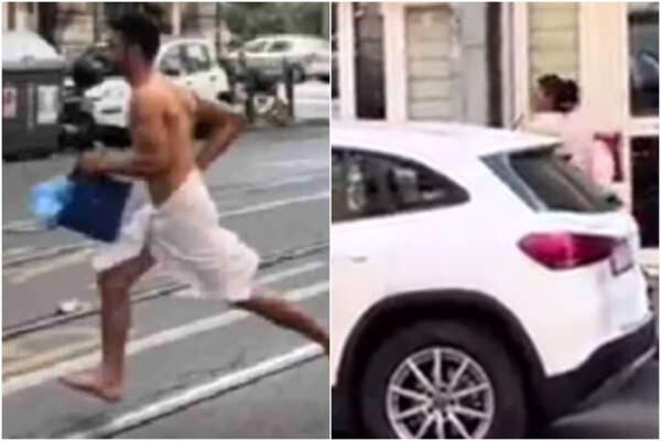 Uomo nudo in fuga per le strade di Roma inseguito da una donna: il video virale, l’ipotesi tradimento e gli insulti