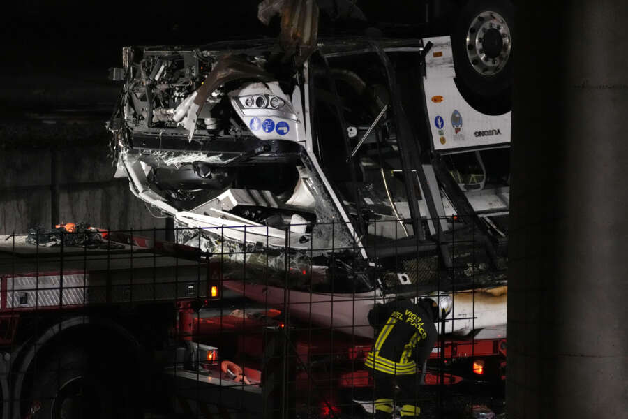 Italian firefighters work at the scene of a passenger bus accident in Mestre, near the city of Venice, Italy, Wednesday, Oct. 4, 2023. The bus fell from an elevated road, late Tuesday, killing multiple people. (AP Photo/Antonio Calanni)

Associated Press/LaPresse
Only Italy and Spain
