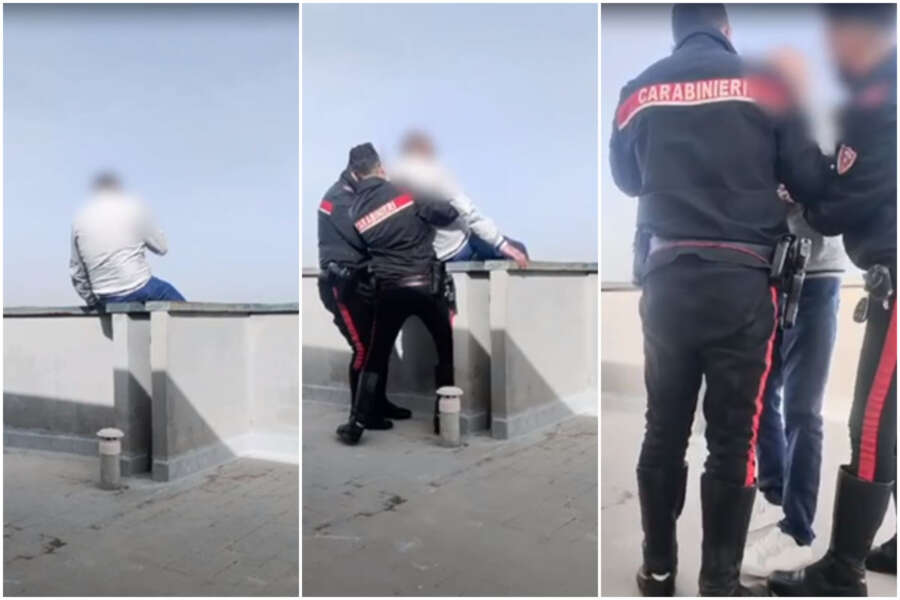 Sale sul tetto e minaccia di farla finita, carabinieri lo salvano abbracciandolo: il video e le lacrime dopo il ritorno alla vita