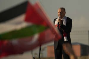 Turkish President Recep Tayyip Erdogan, speaks to the attendees during a rally to show their solidarity with the Palestinians, in Istanbul, Turkey, Saturday, Oct. 28, 2023. (AP Photo/Emrah Gurel)