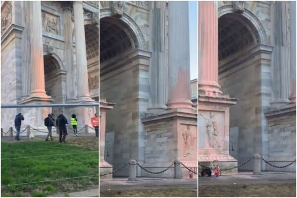 Blitz di Ultima Generazione a Milano, vernice rossa sull’Arco della Pace: “Così puniamo ricchi e potenti…”