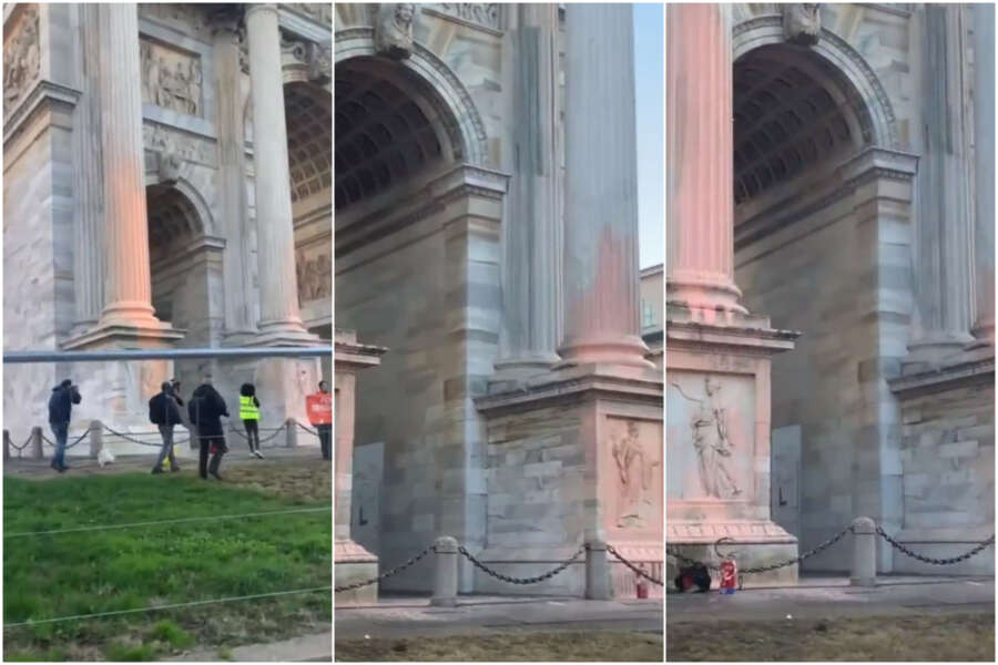 Blitz di Ultima Generazione a Milano, vernice rossa sull’Arco della Pace: “Così puniamo ricchi e potenti…”