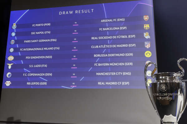 The group formations are shown on an electronic panel next to the UEFA Champions League trophy, after drawing the UEFA Champions League 2023/24 round of 16 draw at the UEFA headquarters in Nyon, Switzerland, Monday, Dec. 18, 2023. (Salvatore Di Nolfi/Keystone via AP)
Associated Press/LaPresse
Only Italy and Spain The group formations are shown on an electronic panel next to the UEFA Champions League trophy, after drawing the UEFA Champions League 2023/24 round of 16 draw at the UEFA headquarters in Nyon, Switzerland, Monday, Dec. 18, 2023. (Salvatore Di Nolfi/Keystone via AP)
Associated Press/LaPresse
Only Italy and Spain