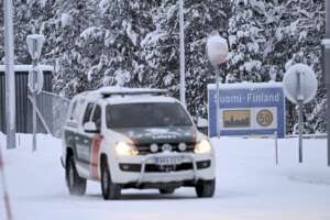 A Finnish border guard vehicle is seen at the Raja-Jooseppi international border crossing station in Inari, northern Finland, Tuesday Nov. 28, 2023. Finland will close its last remaining road border with Russia due to concerns over migration, Prime Minister Petteri Orpo said Tuesday, accusing Moscow of undermining Finland’s national security. (Emmi Korhonen/Lehtikuva via AP)