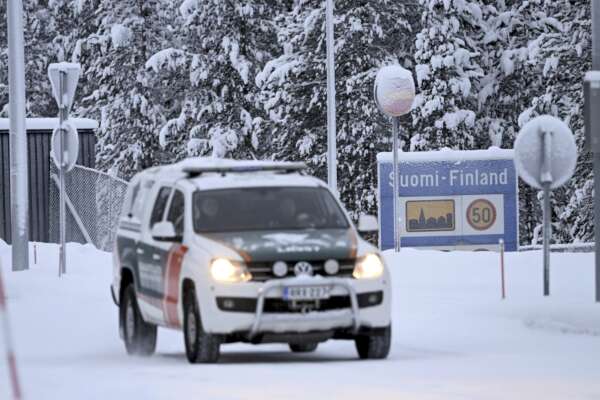 A Finnish border guard vehicle is seen at the Raja-Jooseppi international border crossing station in Inari, northern Finland, Tuesday Nov. 28, 2023. Finland will close its last remaining road border with Russia due to concerns over migration, Prime Minister Petteri Orpo said Tuesday, accusing Moscow of undermining Finland’s national security. (Emmi Korhonen/Lehtikuva via AP)
