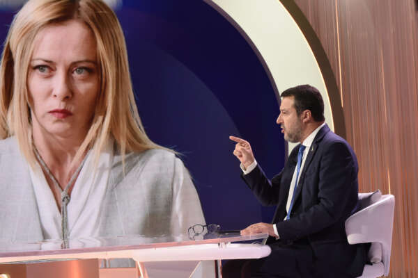 MATTEO SALVINI MINISTRO INFRASTRUTTURE,SULLO SCHERMO LA PRESIDENTE DEL CONSIGLIO GIORGIA MELONI