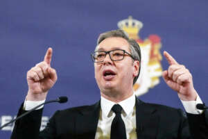 Serbian President Aleksandar Vucic speaks during a public address in Belgrade, Serbia, Sunday, Dec. 24, 2023. Serbia’s ruling populists insisted that weekend snap elections were free and fair despite criticism from international observers who noted multiple irregularities during the vote in the Balkan nation that is a candidate for European Union membership. Vucic say that the institutions will end the electoral process, and that it is a matter of institutions and laws. (AP Photo/Darko Vojinovic)