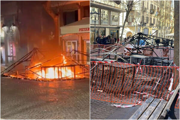 Napoli, in fiamme il gazebo della pizzeria Social Pizza al Vomero: “rogo doloso”, telecamere inchiodano autori