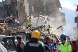 (160824) — AMATRICE, Aug. 24, 2016 (Xinhua) — Photo taken on Aug. 24, 2016 shows damaged houses after the earthquake in Amatrice, central Italy. The death toll in a strong earthquake in central Italy has risen to 38, authorities said Wednesday. The 6.0 magnitude earthquake hit the city of Rieti at 3:32 a.m. Wednesday (0132 GMT), with a shallow depth of 4.2 km, according to the National Institute of Volcanology and Seismology. (Xinhua/Jin Yu)(zcc)