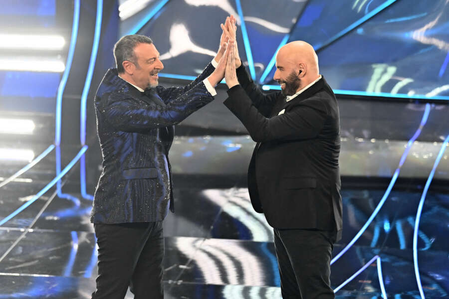 John Travolta and Amadeus perfermer during the 74th edition of the SANREMO Italian Song Festival at the Ariston Theatre in Sanremo, northern Italy – Tuesday, FEBRUARY 7, 2024. Entertainment. (Photo by Marco Alpozzi/LaPresse)
 