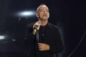 Eros Ramazzotti performs during the 74th edition of the SANREMO Italian Song Festival at the Ariston Theatre in Sanremo, northern Italy – Thursday, FEBRUARY 8, 2024. Entertainment. (Photo by Marco Alpozzi/LaPresse)