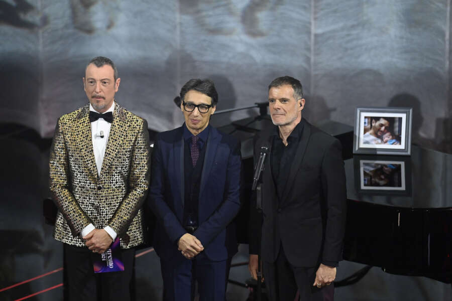 Paolo Jannacci E Stefano Massini  with Amadues during the 74th edition of the SANREMO Italian Song Festival at the Ariston Theatre in Sanremo, northern Italy – Thursday, FEBRUARY 8, 2024. Entertainment. (Photo by Marco Alpozzi/LaPresse)