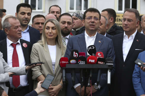 Ekrem Imamoglu, the Mayor of Istanbul Metropolitan Municipality, speaks outside a polling station, in Istanbul, Turkey, Sunday, May 28, 2023. Voters in Turkey returned to the polls Sunday to decide whether the country’s longtime leader stretches his increasingly authoritarian rule into a third decade, or is unseated by a challenger who has promised to restore a more democratic society. (DIA Images via AP) Ekrem Imamoglu, the Mayor of Istanbul Metropolitan Municipality, speaks outside a polling station, in Istanbul, Turkey, Sunday, May 28, 2023. Voters in Turkey returned to the polls Sunday to decide whether the country’s longtime leader stretches his increasingly authoritarian rule into a third decade, or is unseated by a challenger who has promised to restore a more democratic society. (DIA Images via AP)