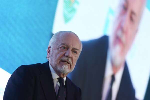 Aurelio De Laurentiis, President of SSC Napoli, speaks during the FT Business of Football Summit in London, Thursday, Feb. 29, 2024. As the summit returns for its sixth edition, top execs from across US and Europe will be flying in to debate and discuss the financial forces transforming the game. (AP Photo/Kin Cheung) 



Associated Press / LaPresse
Only italy and Spain