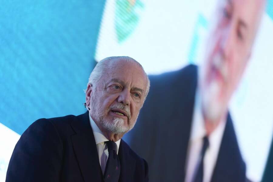 Aurelio De Laurentiis, President of SSC Napoli, speaks during the FT Business of Football Summit in London, Thursday, Feb. 29, 2024. As the summit returns for its sixth edition, top execs from across US and Europe will be flying in to debate and discuss the financial forces transforming the game. (AP Photo/Kin Cheung) 



Associated Press / LaPresse
Only italy and Spain