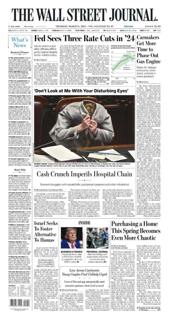 Wall Street Journal, in prima pagina Meloni