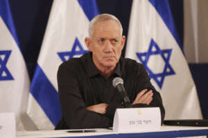 FILE – Israeli Cabinet Minister Benny Gantz attends a press conference in the Kirya military base in Tel Aviv, Israel, on Oct. 28, 2023. While Israelis quickly rallied behind the military, Israeli prime minister Benjamin Netanyahu and his Likud party took a hit in opinion polls. Israelis now believe Netanyahu is less fit to govern than Benny Gantz, a rival who agreed to join Netanyahu in an emergency wartime Cabinet. (Abir Sultan/Pool Photo via AP, File)