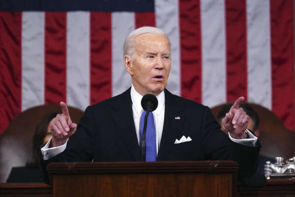 FILE – President Joe Biden delivers the State of the Union address to a joint session of Congress at the Capitol, on March 7, 2024, in Washington. A top European Union official is Cyprus on Friday, March 8, 2024, to inspect preparations for sending desperately needed aid to war-ravaged Gaza by sea, just hours after President Joe Biden announced that the U.S. military will set up a temporary port off Gaza’s Mediterranean coast in support of such efforts. (Shawn Thew/Pool Photo via AP, File)