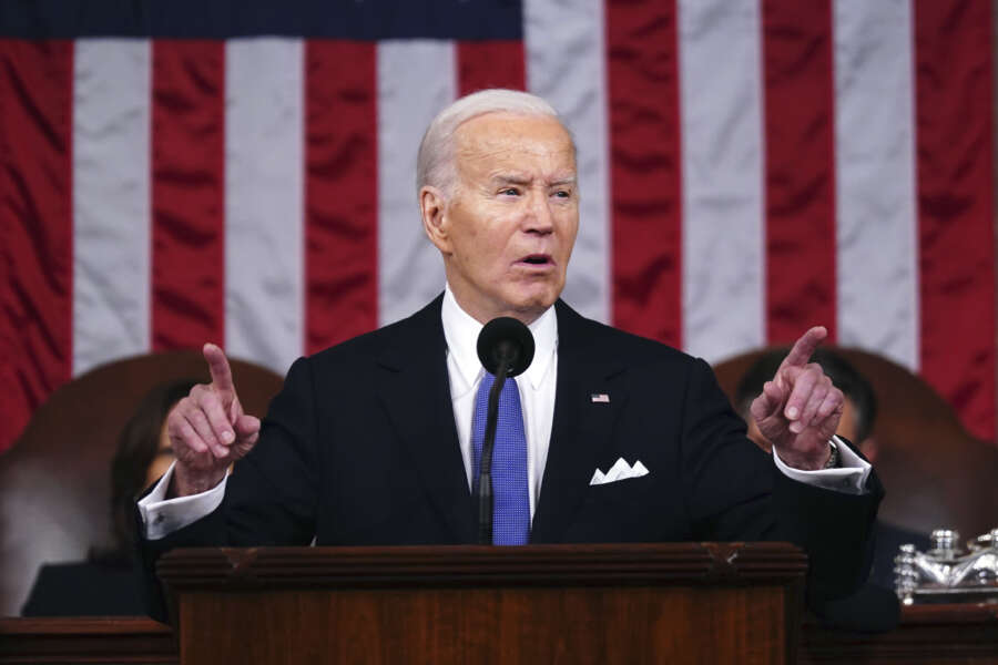 FILE – President Joe Biden delivers the State of the Union address to a joint session of Congress at the Capitol, on March 7, 2024, in Washington. A top European Union official is Cyprus on Friday, March 8, 2024, to inspect preparations for sending desperately needed aid to war-ravaged Gaza by sea, just hours after President Joe Biden announced that the U.S. military will set up a temporary port off Gaza’s Mediterranean coast in support of such efforts. (Shawn Thew/Pool Photo via AP, File)