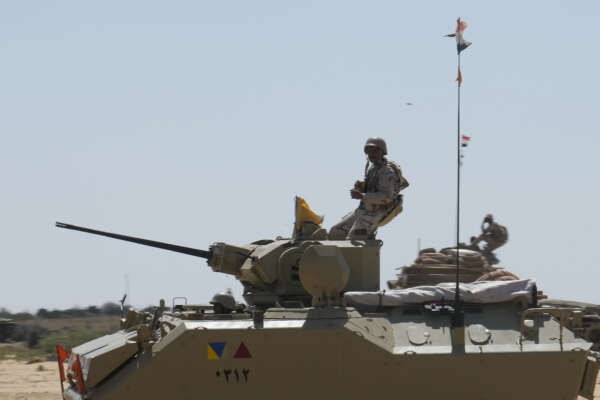 Egyptian armored vehicles stand alert near the Rafah border crossing between Egypt and the Gaza Strip during the visit of United Nations Secretary General Antonio Guterres, Saturday, March 23, 2024. (AP Photo/Amr Nabil)


Associated Press/LaPresse