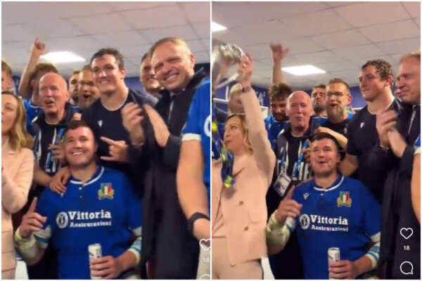 Rugby, Meloni e la festa nello spogliatoio dell’Italia: la premier alza la coppa ed esulta con Lollo