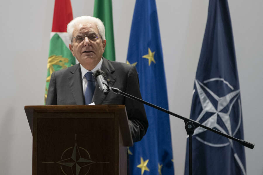 Foto Ufficio Stampa Quirinale/LaPresse17 Settembre 2021 – Napoli, ItaliaPoliticaIl Presidente della Repubblica Sergio Mattarella durante il suo indirizzo di saluto alla cerimonia di celebrazione del 70° anniversario della NATO in Italia.DISTRIBUTION FREE OF CHARGE – NOT FOR SALE