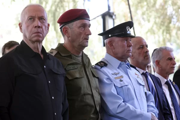 From left, Israel’s Defense Minister Yoav Gallant, Chief of the General Staff Lieutenant-General Herzi Halevi, interim Police Chief Avshalom Peled and the Director the Security Agency Ronen Bar, attend a ceremony marking the Hebrew calendar anniversary of the Hamas attack on October 7 last year, at the Mount Herzl military cemetery in Jerusalem, Israel Sunday Oct. 27, 2024. (Gil Cohen-Magen/Pool Photo via AP) From left, Israel’s Defense Minister Yoav Gallant, Chief of the General Staff Lieutenant-General Herzi Halevi, interim Police Chief Avshalom Peled and the Director the Security Agency Ronen Bar, attend a ceremony marking the Hebrew calendar anniversary of the Hamas attack on October 7 last year, at the Mount Herzl military cemetery in Jerusalem, Israel Sunday Oct. 27, 2024. (Gil Cohen-Magen/Pool Photo via AP)