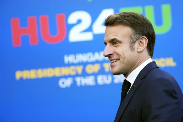 French President Emmanuel Macron arrives for an EU Summit at the Puskas Arena in Budapest, Hungary, Friday, Nov. 8, 2024. (AP Photo/Petr David Josek) French President Emmanuel Macron arrives for an EU Summit at the Puskas Arena in Budapest, Hungary, Friday, Nov. 8, 2024. (AP Photo/Petr David Josek)