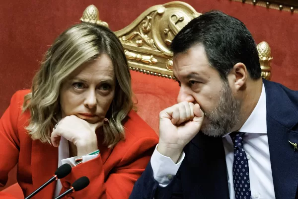 La presidente del Consiglio Giorgia Meloni e il ministro delle Infrastrutture Matteo Salvini nell’aula del Senato durante le comunicazioni in vista del Consiglio europeo del 17 e 18 ottobre, Roma, Martedì, 15 Ottobre 2024 (Foto Roberto Monaldo / LaPresse)

Prime Minister Giorgia Meloni and minister of Infrastructure Matteo Salvini during the report to the Senate ahead of the European Council summit on 17 and 18 October, Rome, Tuesday, October 15, 2024 (Photo by Roberto Monaldo / LaPresse)