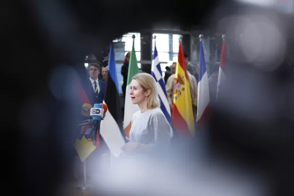 European Union foreign policy chief Kaja Kallas speaks with the media as she arrives for an EU Summit at the European Council building in Brussels, Thursday, March 6, 2025. (AP Photo/Omar Havana)